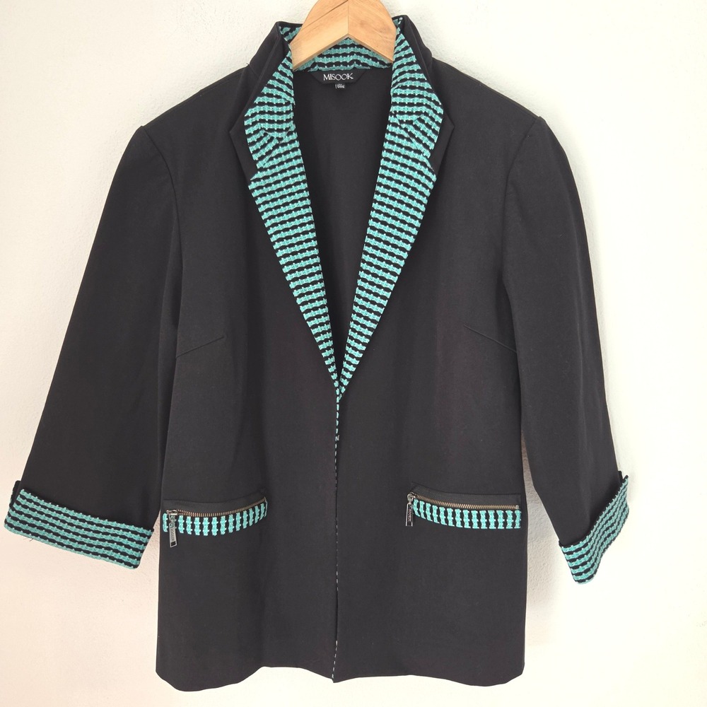 Misook Womens Black Teal Knit Open Front Blazer Jacket 3/4 Sleeve Size M